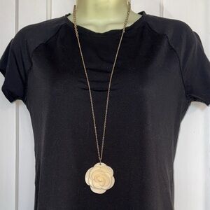 Long Gold Tone Cream/Ivory Rose‎ Pendant Necklace